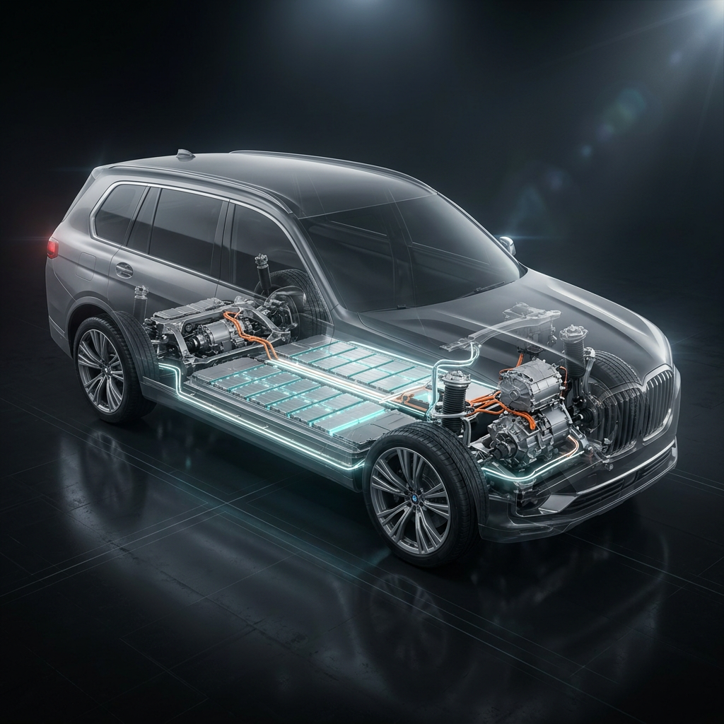 Cutaway rendering of a silver electric SUV showing its underfloor battery pack, electric motors, and chassis. (Representative image for illustration purposes only. Actual vehicle may vary based on trim and configuration.)