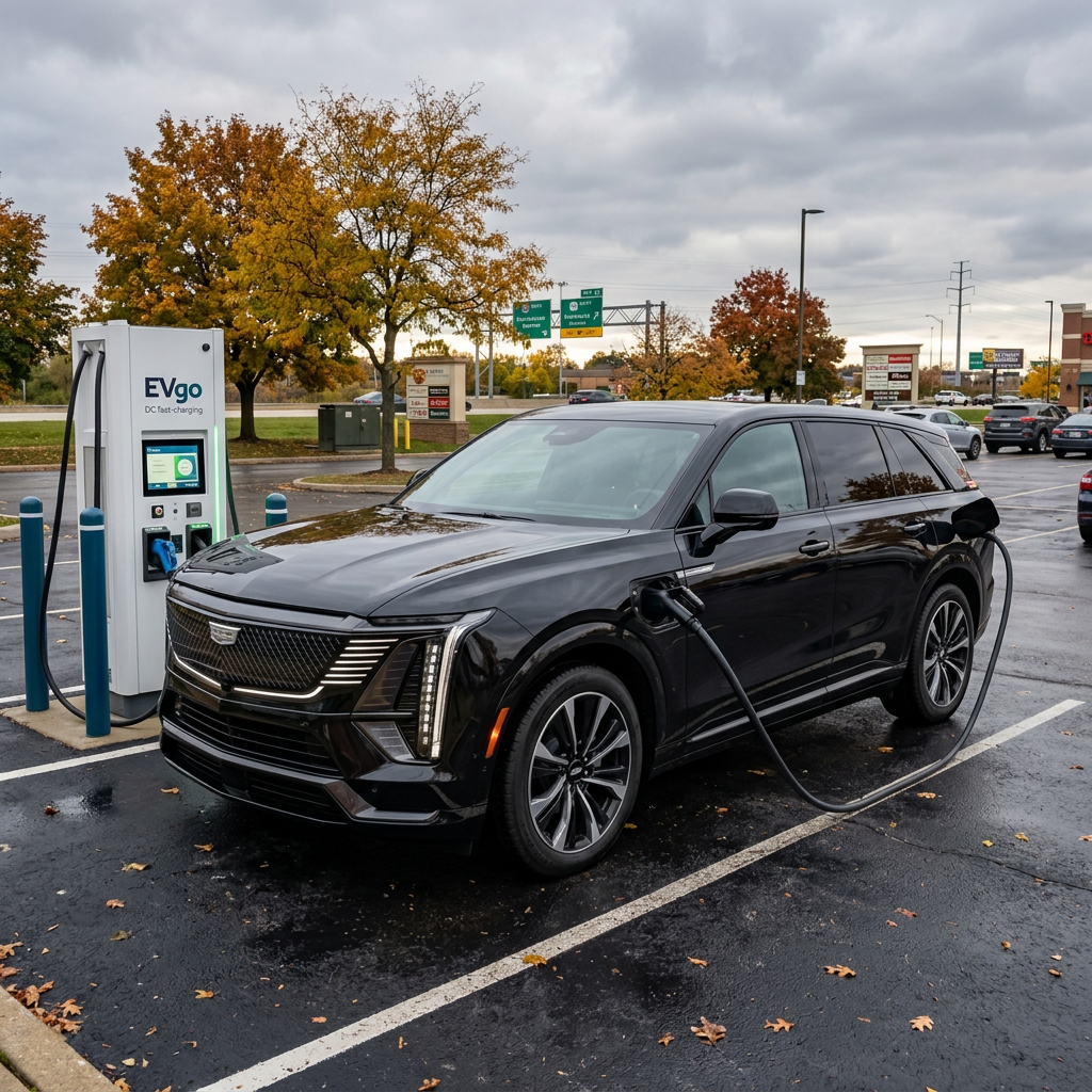 A black Cadillac Lyriq electric SUV parked and charging at a white EVgo fast-charging station. (Representative image for illustration purposes only. Actual vehicle may vary based on trim and configuration.)
