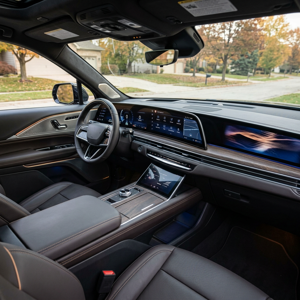 Dark brown leather cabin of a luxury vehicle featuring a massive curved digital dashboard screen and wood trim. (Representative image for illustration purposes only. Actual vehicle may vary based on trim and configuration.)