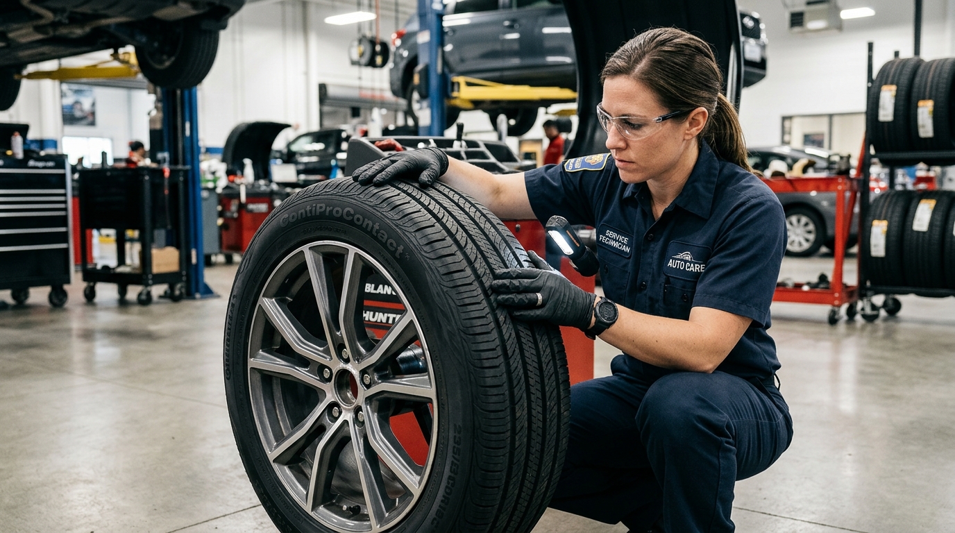A female auto technician inspecting the tread of a car tire with a flashlight in an auto repair shop. (Representative image for illustration purposes only. Actual vehicle may vary based on trim and configuration.)