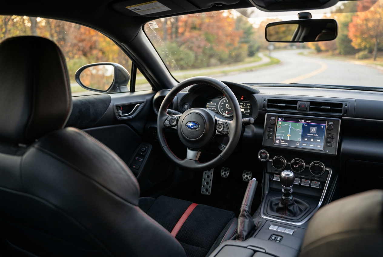 Driver seat view inside a modern Subaru BRZ showing the steering wheel, manual shifter, and dashboard on a scenic road. (Representative image for illustration purposes only. Actual vehicle may vary based on trim and configuration.)
