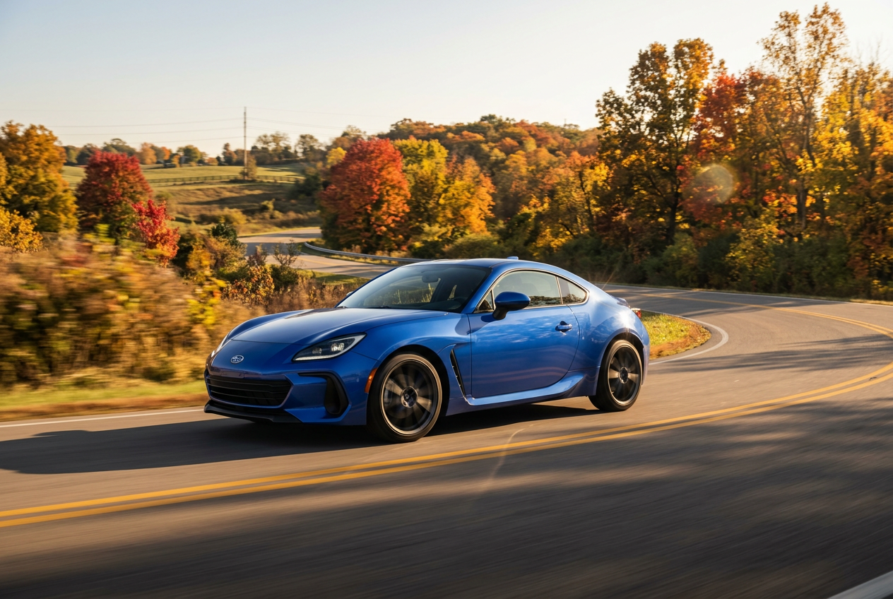 A blue Subaru BRZ driving around a curve on a scenic country road lined with colorful autumn trees. (Representative image for illustration purposes only. Actual vehicle may vary based on trim and configuration.)