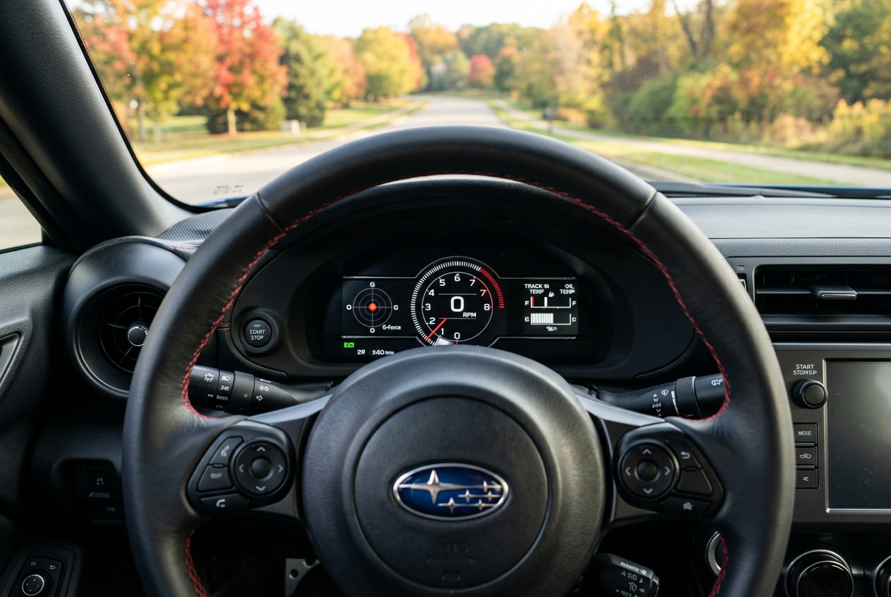 View from the driver's seat of a Subaru featuring a digital dashboard with an autumn-lined road ahead. (Representative image for illustration purposes only. Actual vehicle may vary based on trim and configuration.)