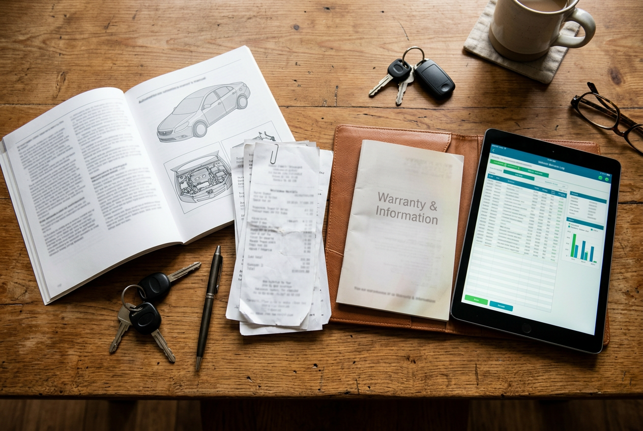 Car owner's manual, receipts, keys, warranty booklet, and a digital tablet on a wooden surface. (Representative image for illustration purposes only. Actual vehicle may vary based on trim and configuration.)