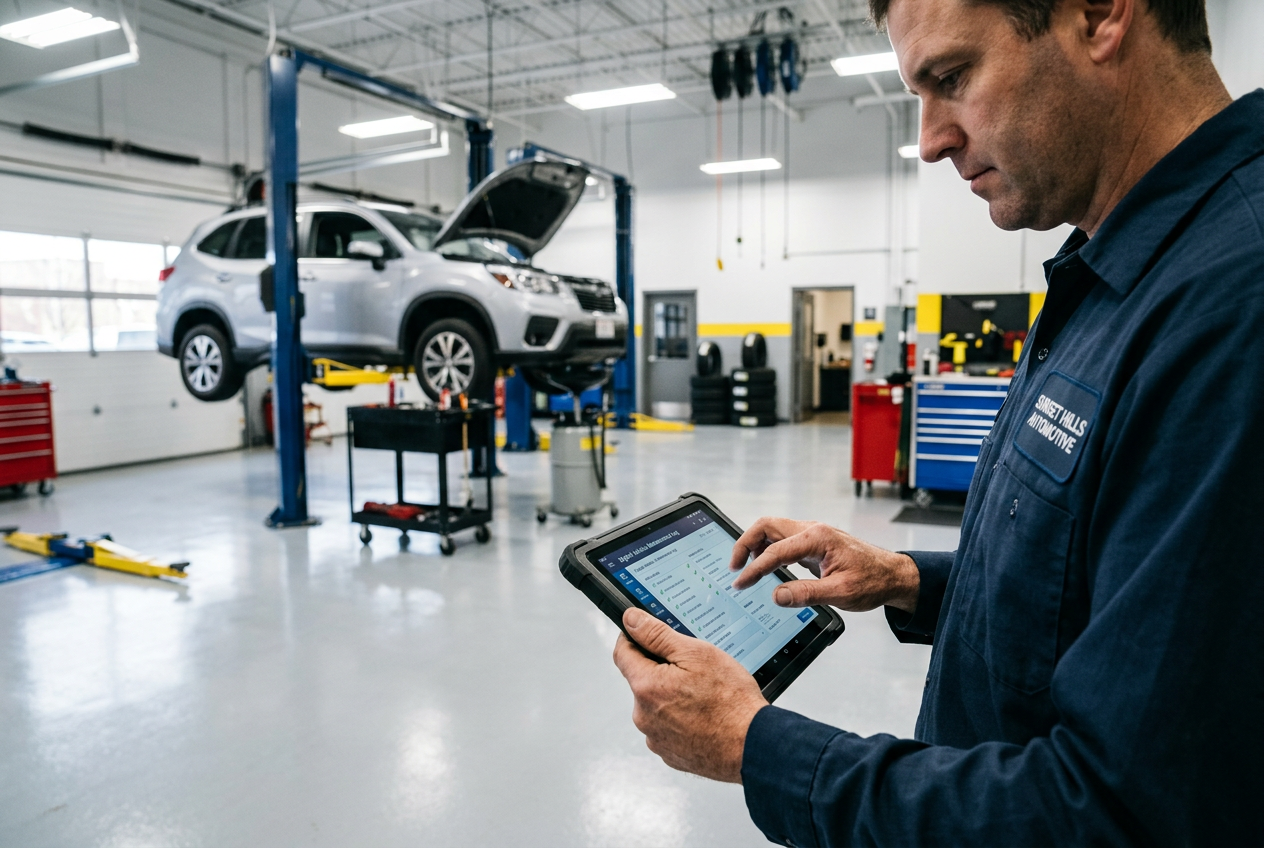 Auto mechanic using a tablet diagnostic tool in a clean modern vehicle repair shop with a car on a lift. (Representative image for illustration purposes only. Actual vehicle may vary based on trim and configuration.)