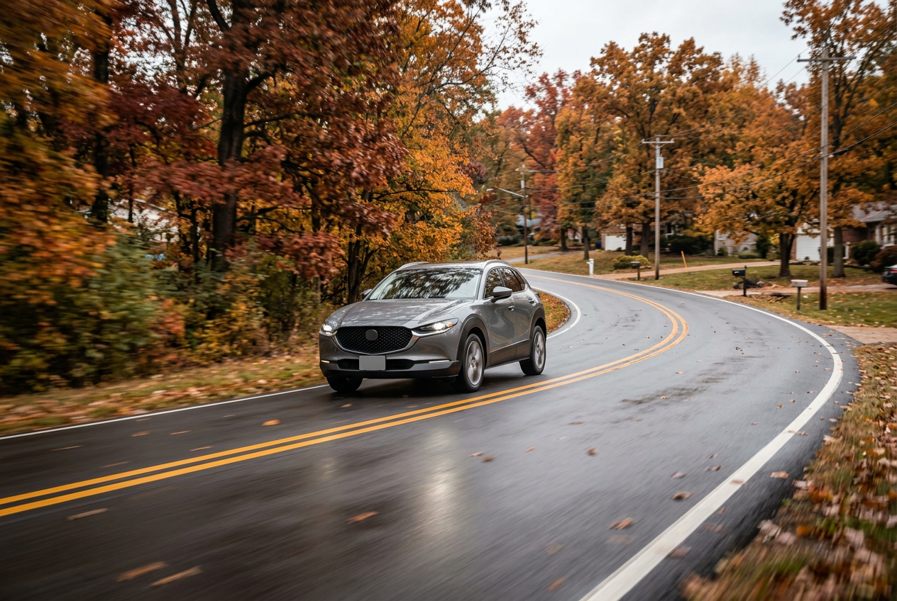 Grey SUV driving on a winding wet asphalt road framed by colorful autumn trees. (Representative image for illustration purposes only. Actual vehicle may vary based on trim and configuration.)