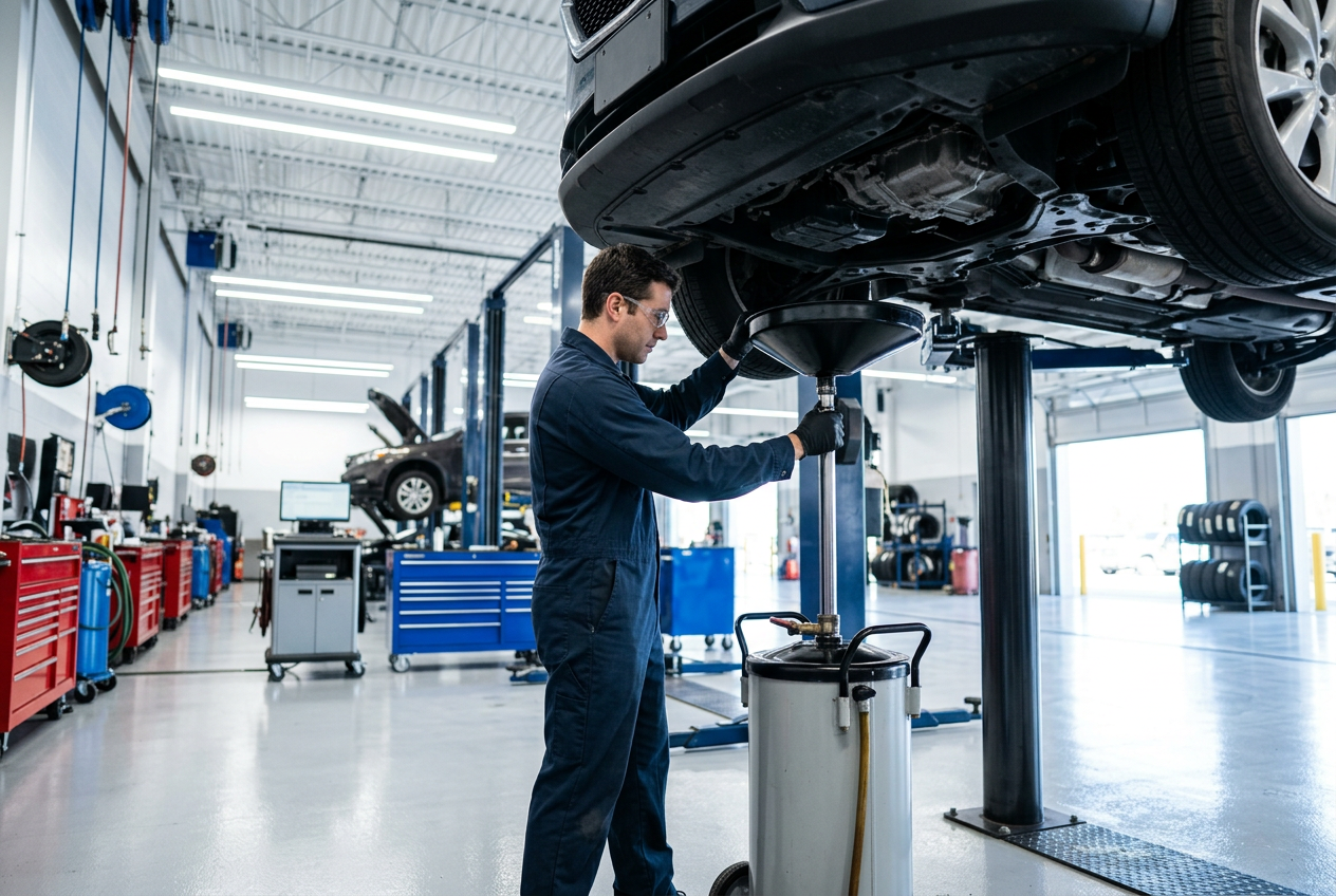 Auto mechanic performing an oil change under a car raised on a hydraulic lift in a service shop. (Representative image for illustration purposes only. Actual vehicle may vary based on trim and configuration.)