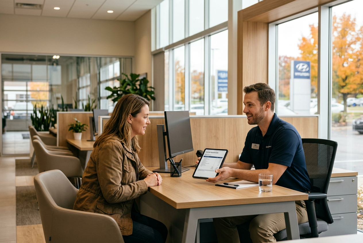 A dealership representative presents service information on a digital tablet to a seated female customer. (Representative image for illustration purposes only. Actual vehicle may vary based on trim and configuration.)