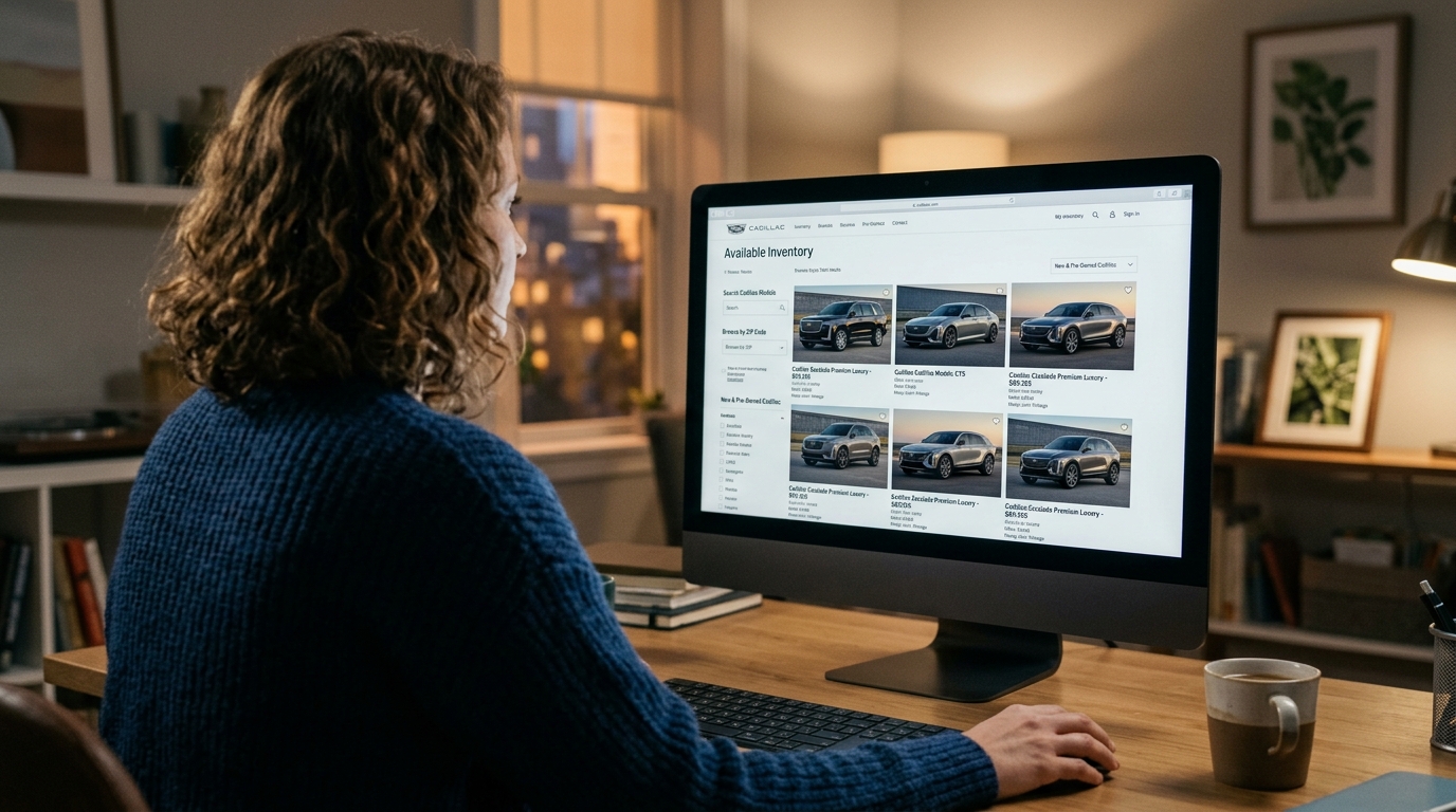 A woman sitting at a desk browsing online car inventory on a computer monitor in a home office. (Representative image for illustration purposes only. Actual vehicle may vary based on trim and configuration.)