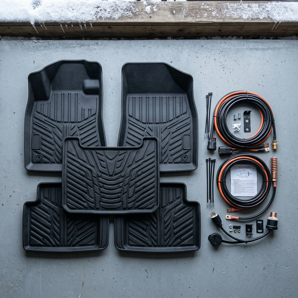 Black rubber all-weather car floor mats laid out alongside an electrical wiring kit on a concrete floor. (Representative image for illustration purposes only. Actual vehicle may vary based on trim and configuration.)