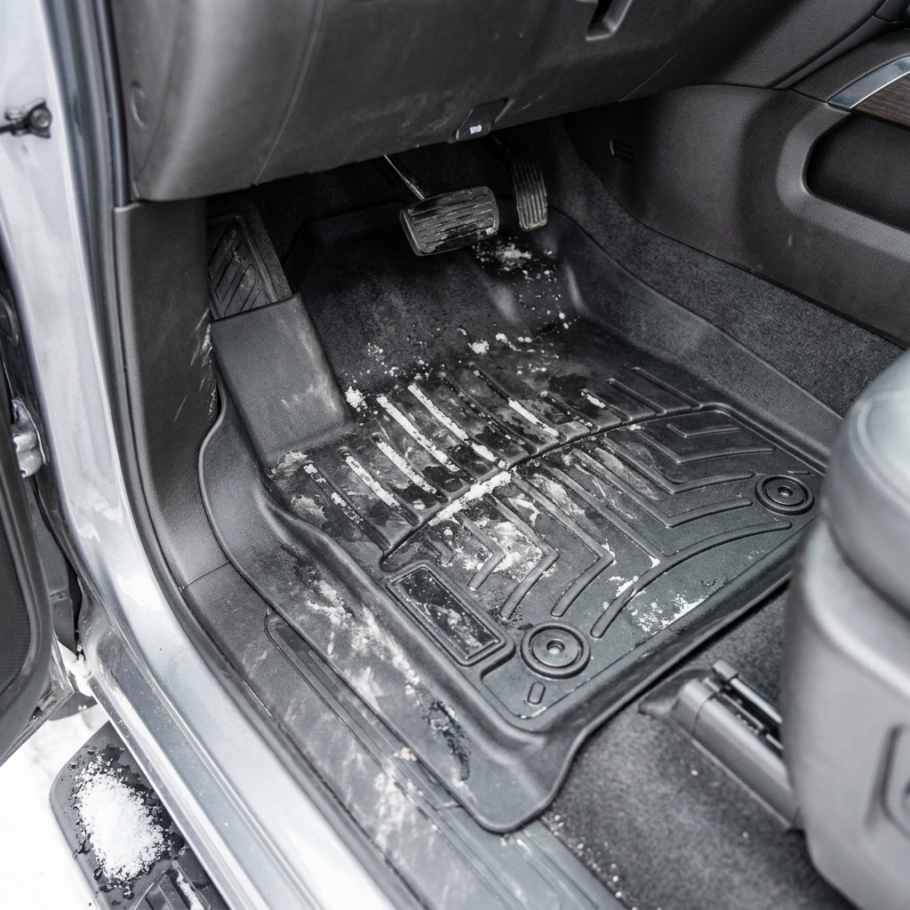 Black rubber all-weather floor mat covered in snow and dirt inside a vehicle's driver footwell. (Representative image for illustration purposes only. Actual vehicle may vary based on trim and configuration.)