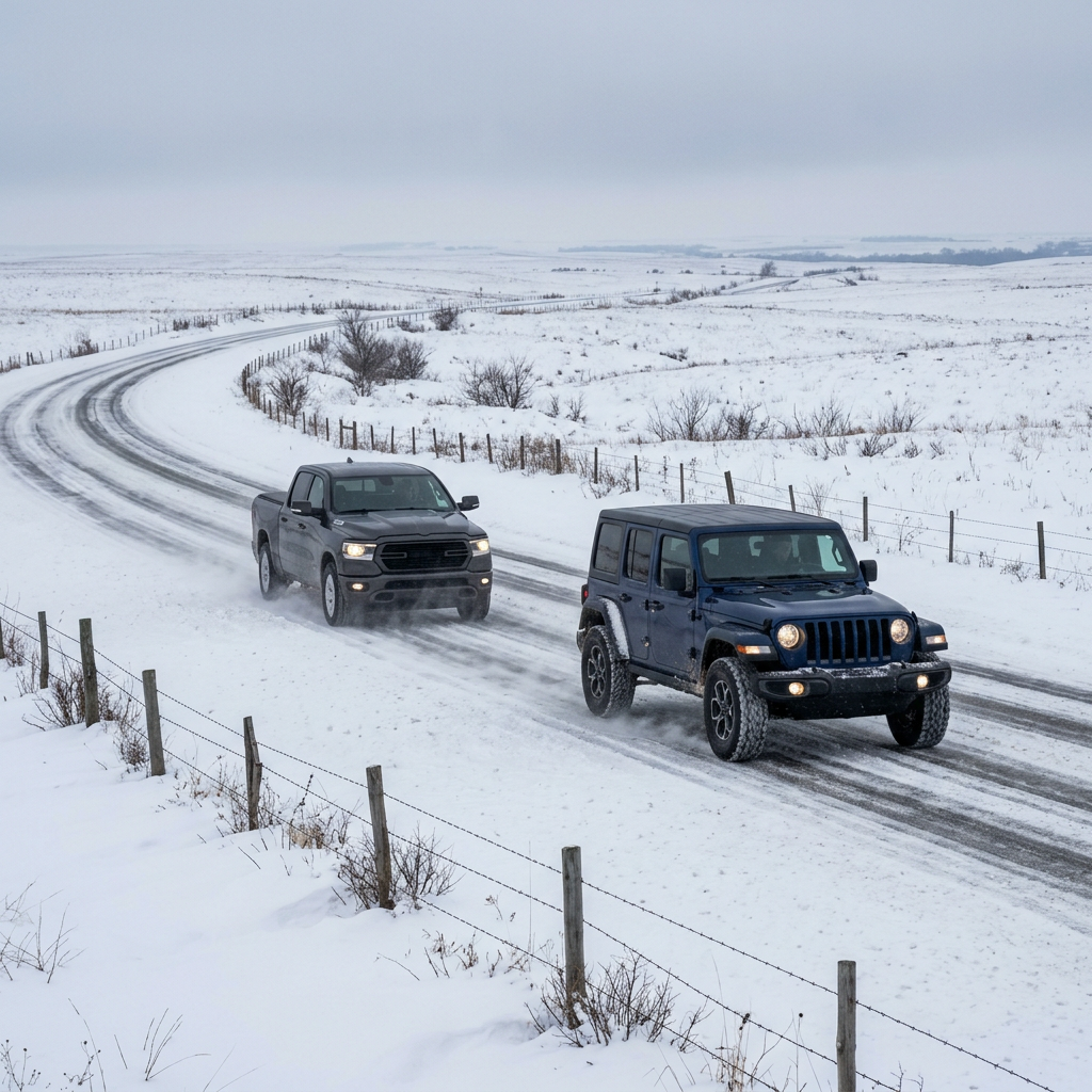 Dark blue Jeep Wrangler and grey pickup truck driving on a snow-covered rural road. (Representative image for illustration purposes only. Actual vehicle may vary based on trim and configuration.)