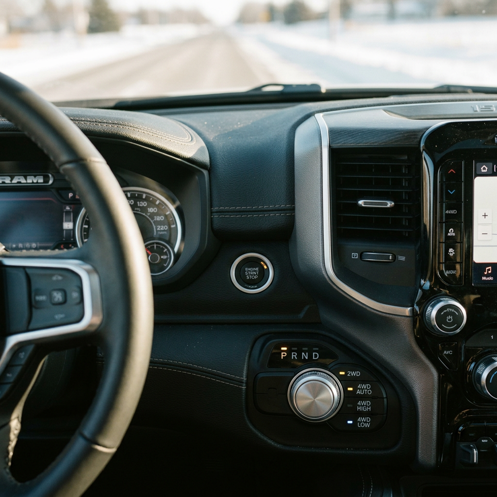 Driver's view of a RAM truck dashboard featuring a rotary gear shifter, push-start button, and a snowy road ahead. (Representative image for illustration purposes only. Actual vehicle may vary based on trim and configuration.)