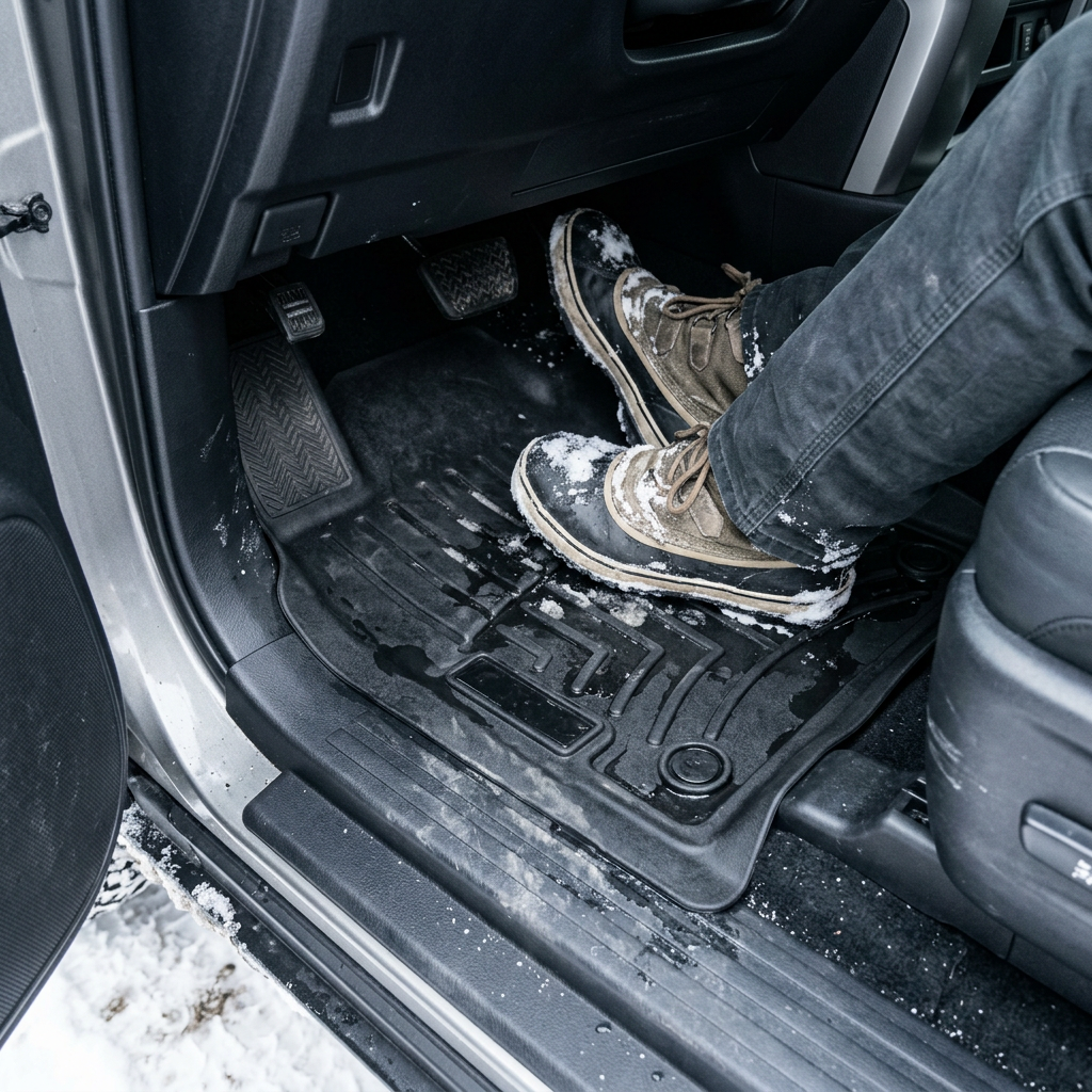 Person wearing snowy winter boots resting their feet on custom-fit black rubber car floor mats inside a vehicle. (Representative image for illustration purposes only. Actual vehicle may vary based on trim and configuration.)