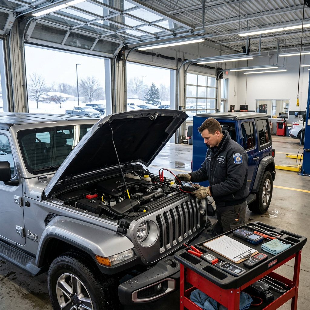 Mechanic using a diagnostic scanner on a silver Jeep Wrangler inside an auto service bay. (Representative image for illustration purposes only. Actual vehicle may vary based on trim and configuration.)