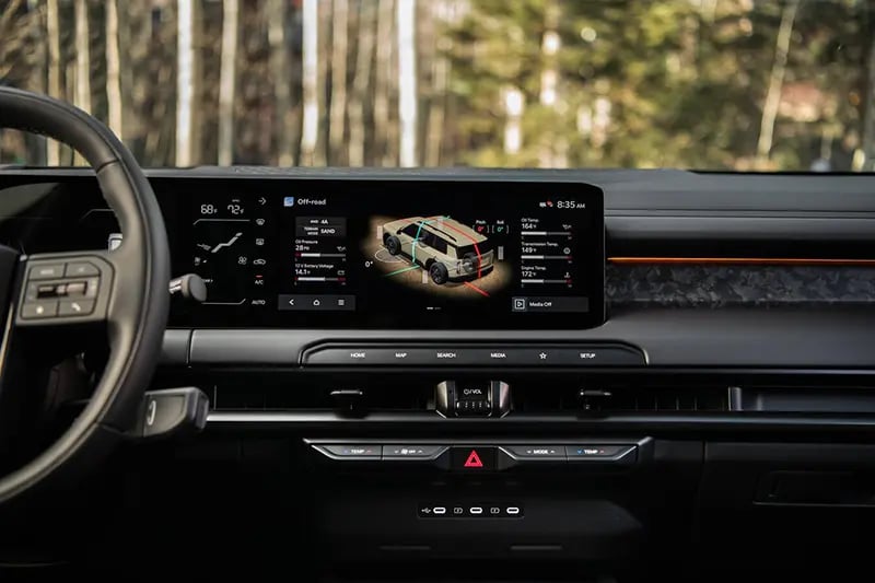 Modern SUV interior with digital infotainment and off-road information