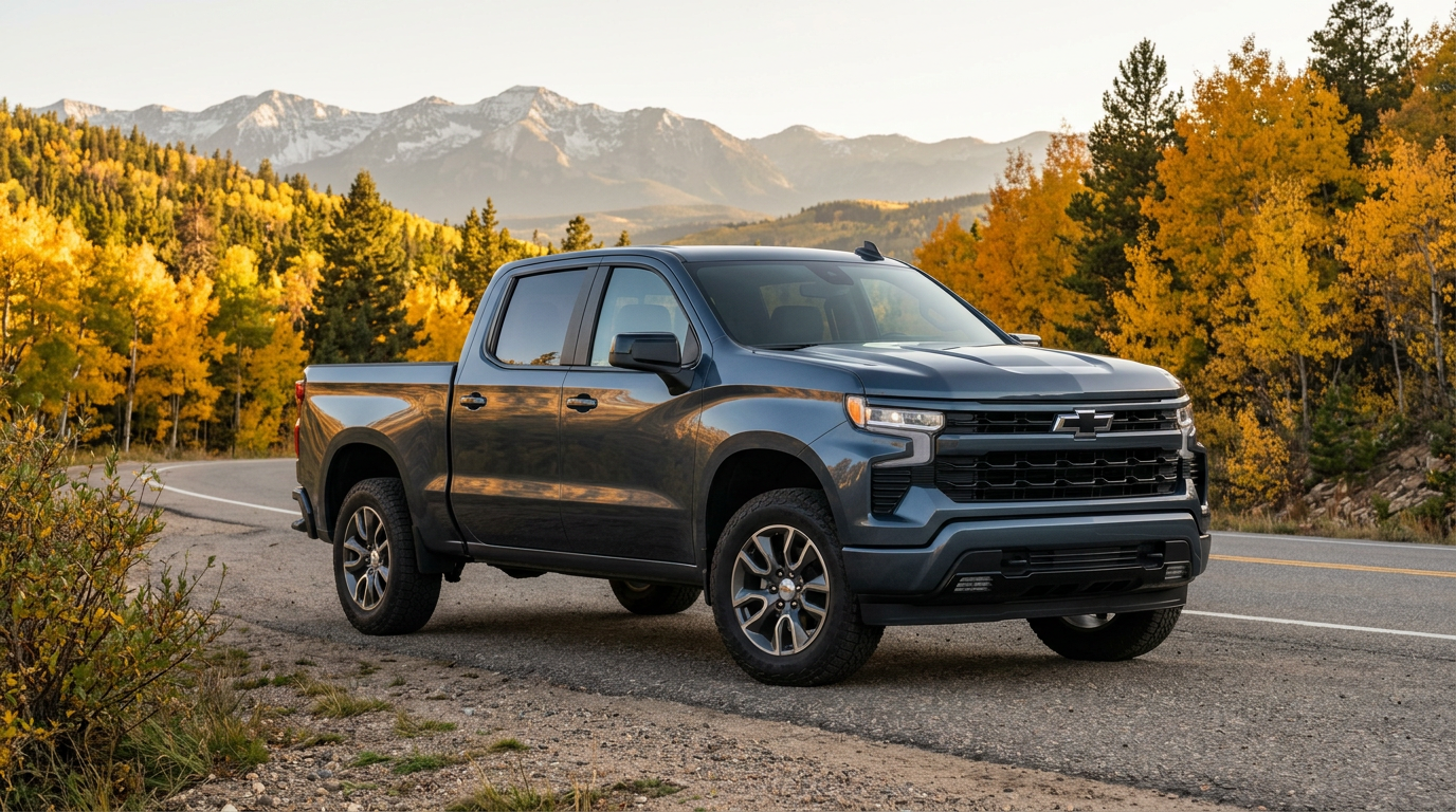 Dark blue Chevrolet Silverado truck parked on a mountain road surrounded by yellow autumn trees and snow-capped peaks. (Representative image for illustration purposes only. Actual vehicle may vary based on trim and configuration.)