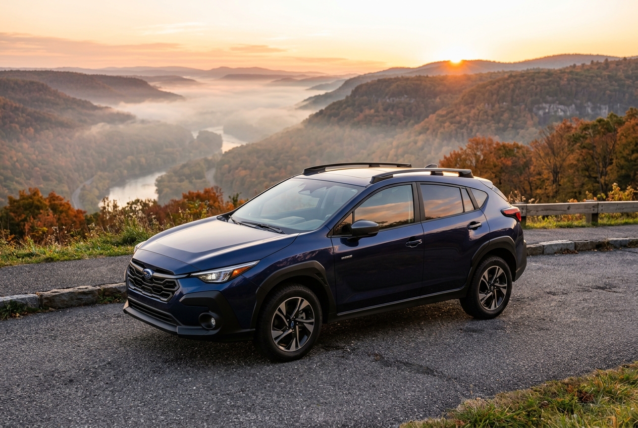 Dark blue Subaru Crosstrek parked on a mountain overlook with a misty valley river and sunrise in the background. (Representative image for illustration purposes only. Actual vehicle may vary based on trim and configuration.)