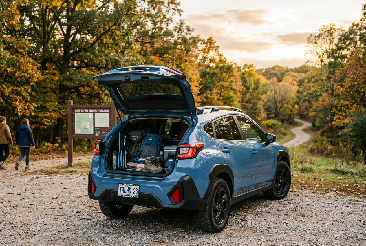 A blue Subaru Crosstrek with open trunk loaded with outdoor gear parked at a nature reserve trailhead in autumn. (Representative image for illustration purposes only. Actual vehicle may vary based on trim and configuration.)