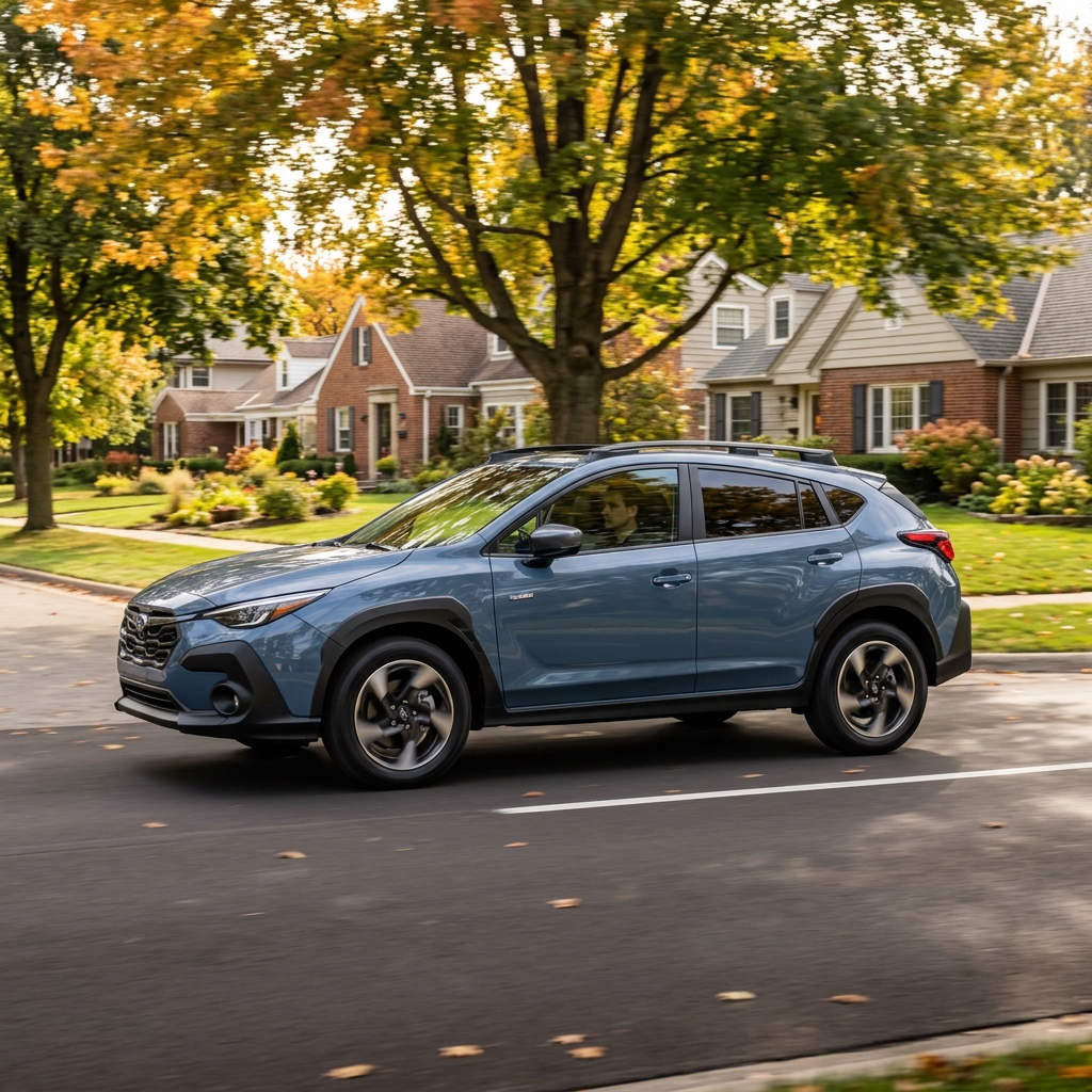 A blue Subaru Crosstrek driving down a quiet suburban street surrounded by colorful autumn trees. (Representative image for illustration purposes only. Actual vehicle may vary based on trim and configuration.)