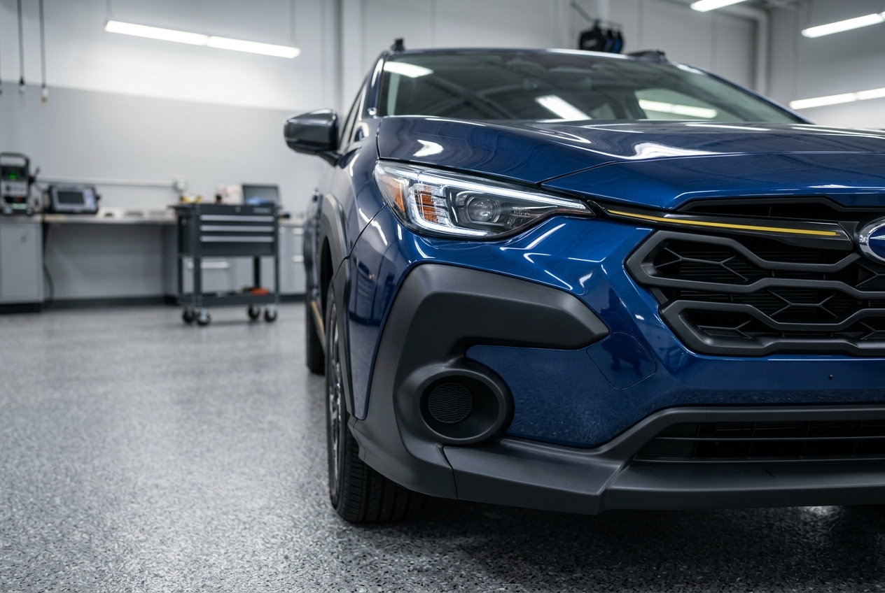 Front view of a dark blue Subaru SUV parked inside a clean, modern automotive service garage. (Representative image for illustration purposes only. Actual vehicle may vary based on trim and configuration.)
