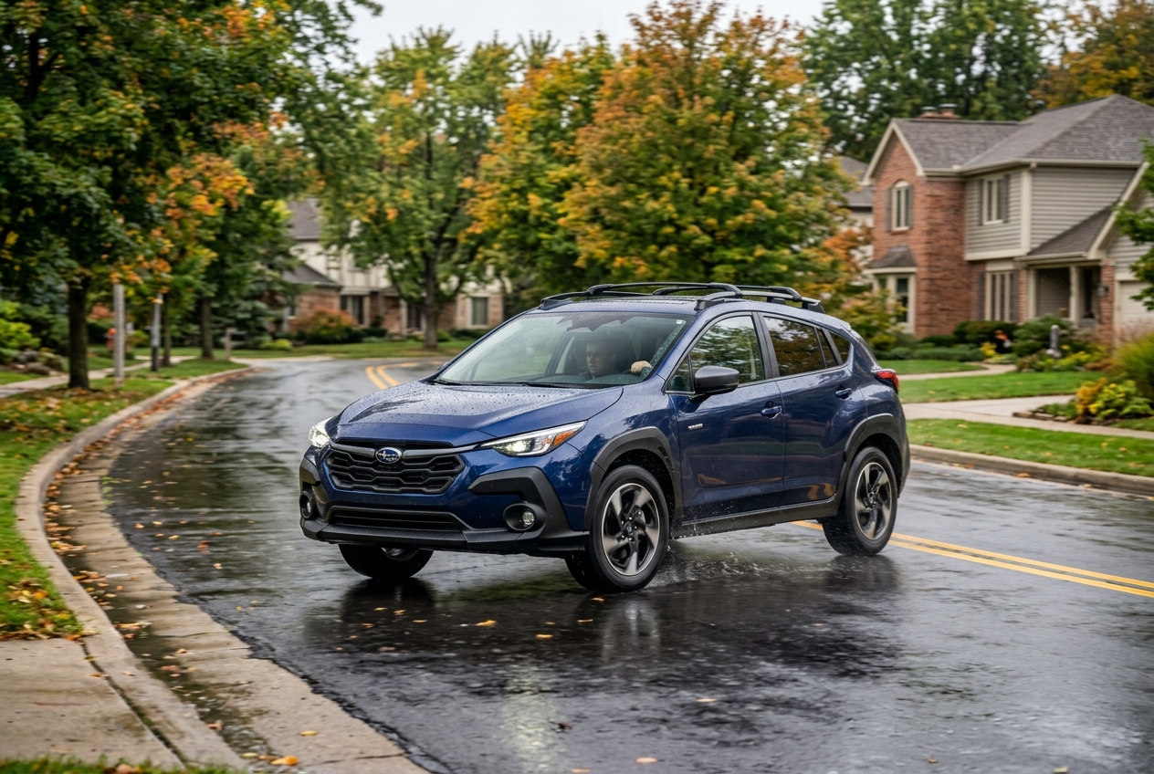 Blue Subaru Crosstrek driving on a wet suburban street lined with autumn trees. (Representative image for illustration purposes only. Actual vehicle may vary based on trim and configuration.)