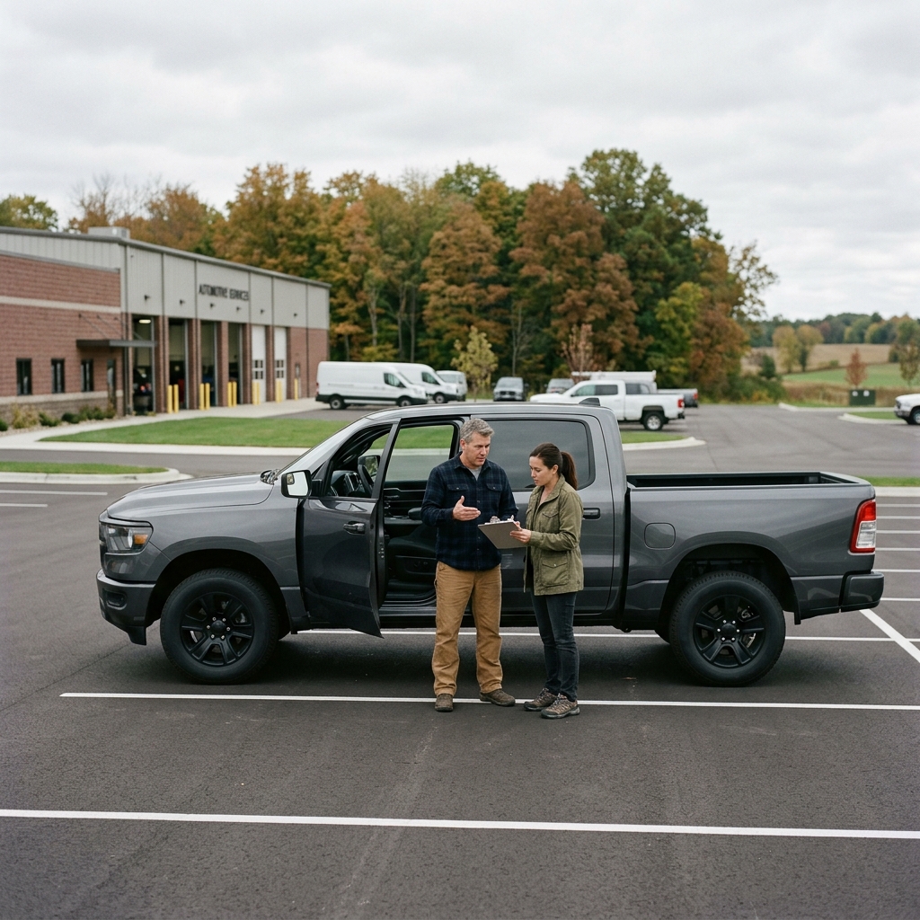 Man and woman discussing paperwork next to a dark gray pickup truck outside an automotive service building. (Representative image for illustration purposes only. Actual vehicle may vary based on trim and configuration.)