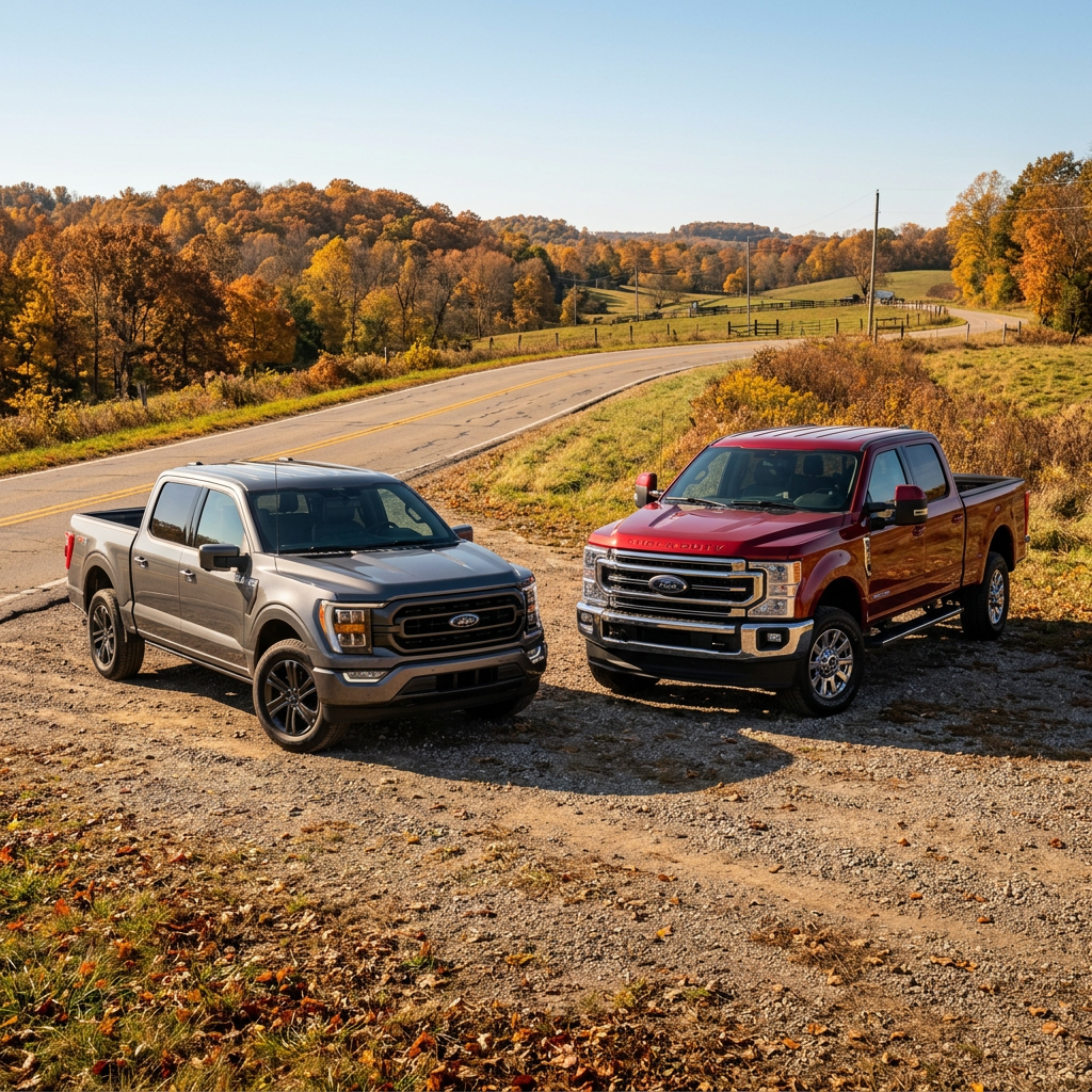 A grey Ford F-150 and a red Ford Super Duty truck parked on a gravel roadside against an autumn forest backdrop. (Representative image for illustration purposes only. Actual vehicle may vary based on trim and configuration.)