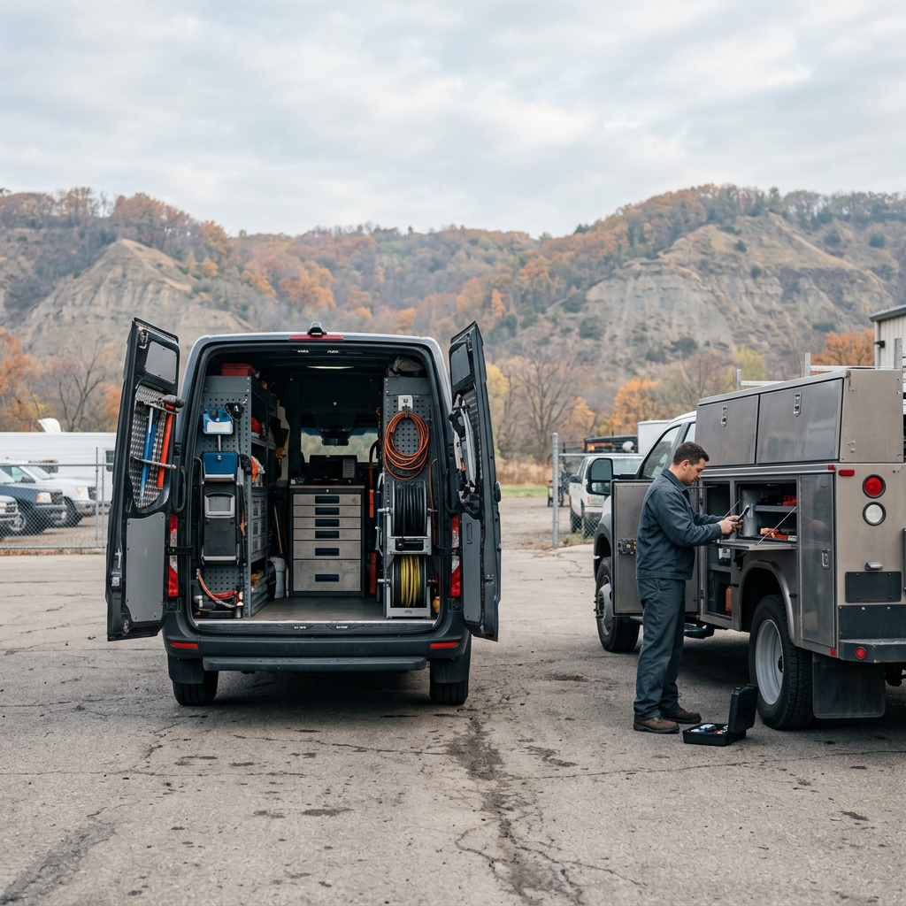 A technician works next to a utility truck beside a service van with open rear doors showing organized tools and shelves. (Representative image for illustration purposes only. Actual vehicle may vary based on trim and configuration.)