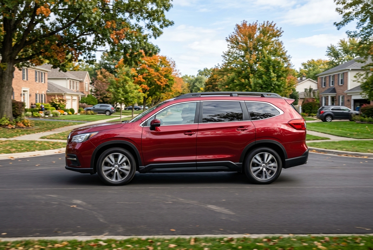 Side view of a red SUV driving on a street in a quiet suburban neighborhood during autumn. (Representative image for illustration purposes only. Actual vehicle may vary based on trim and configuration.)