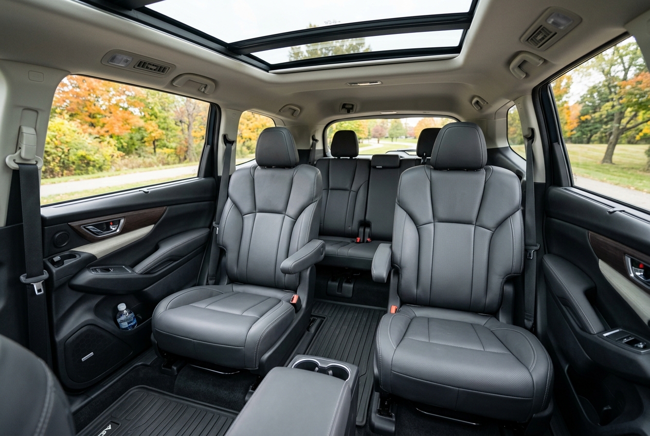 Black leather interior of a modern SUV showing second-row captain's chairs, third-row seating, and a panoramic sunroof. (Representative image for illustration purposes only. Actual vehicle may vary based on trim and configuration.)