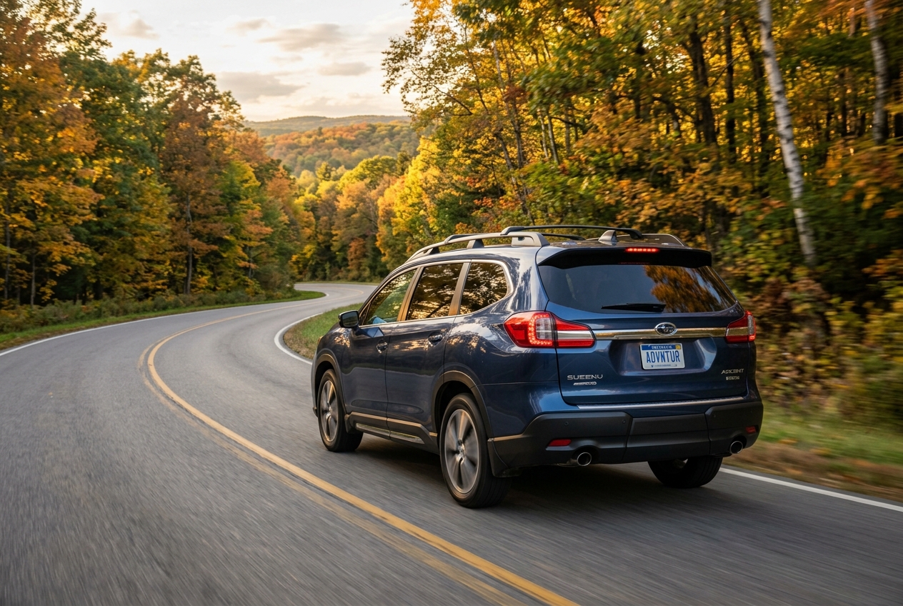 Dark blue SUV driving on a curved road through a vibrant autumn forest with colorful trees. (Representative image for illustration purposes only. Actual vehicle may vary based on trim and configuration.)