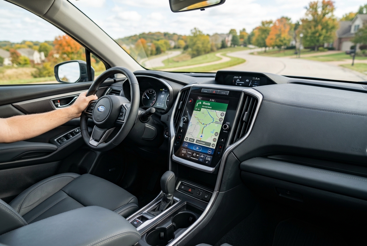 Interior view of a Subaru dashboard showing a large touchscreen navigation map while driving through a neighborhood. (Representative image for illustration purposes only. Actual vehicle may vary based on trim and configuration.)