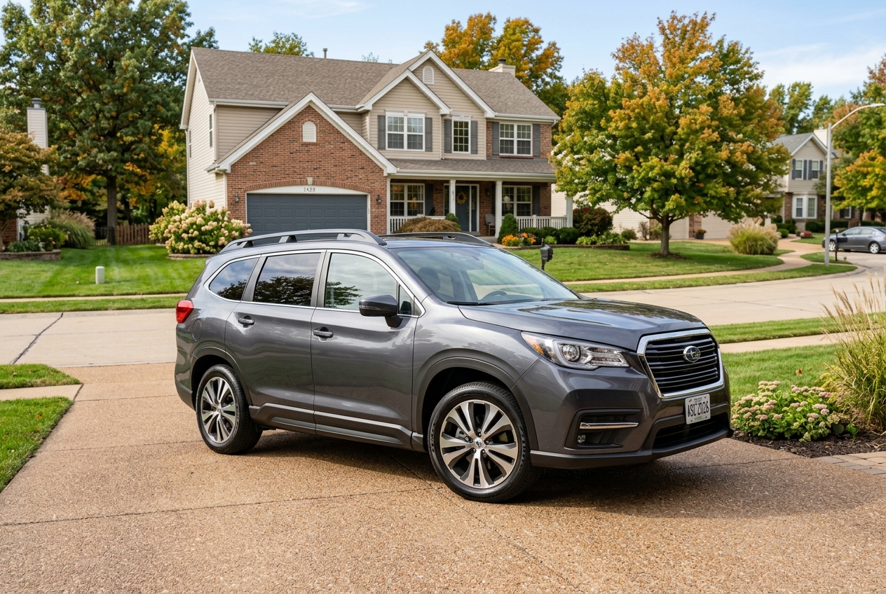 Dark gray Subaru SUV parked on a concrete driveway in front of a suburban two-story house. (Representative image for illustration purposes only. Actual vehicle may vary based on trim and configuration.)