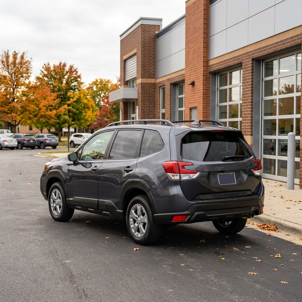 Rear three-quarter view of a dark gray Subaru Forester SUV parked in front of a brick service center building. (Representative image for illustration purposes only. Actual vehicle may vary based on trim and configuration.)