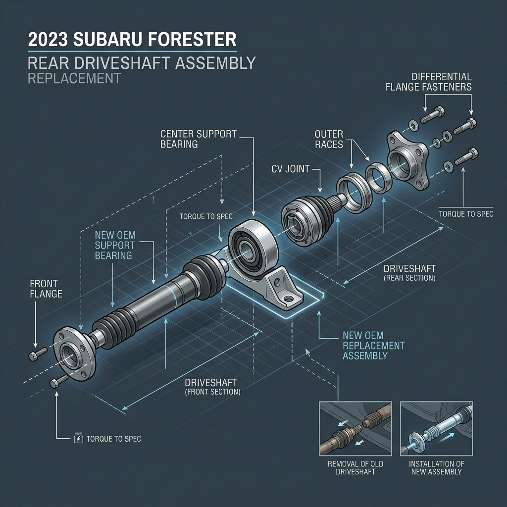 Exploded diagram detailing the components of a 2023 Subaru Forester rear driveshaft assembly replacement. (Representative image for illustration purposes only. Actual vehicle may vary based on trim and configuration.)
