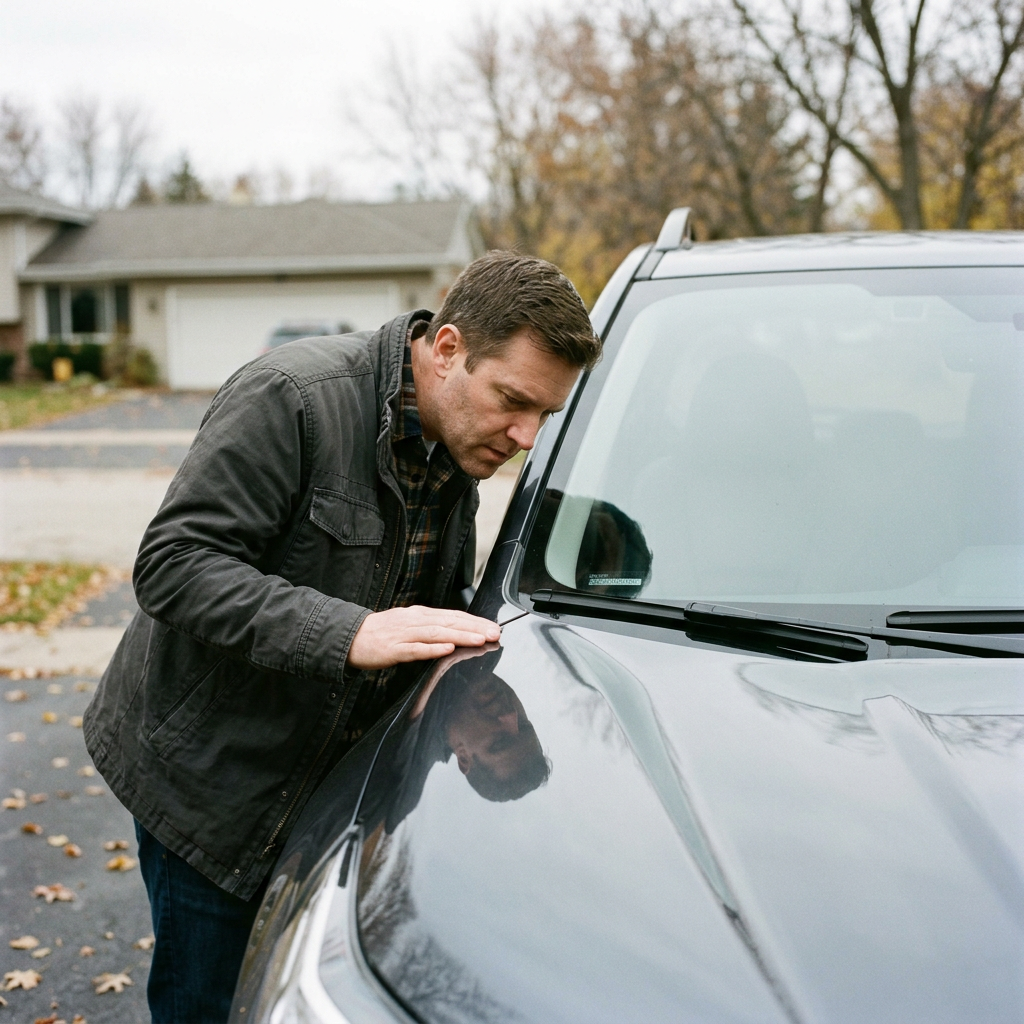 A man leaning down to carefully inspect the hood of a dark car parked in a suburban driveway. (Representative image for illustration purposes only. Actual vehicle may vary based on trim and configuration.)