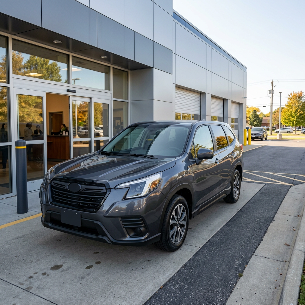 A dark grey SUV parked on a concrete driveway outside a modern car dealership entrance. (Representative image for illustration purposes only. Actual vehicle may vary based on trim and configuration.)