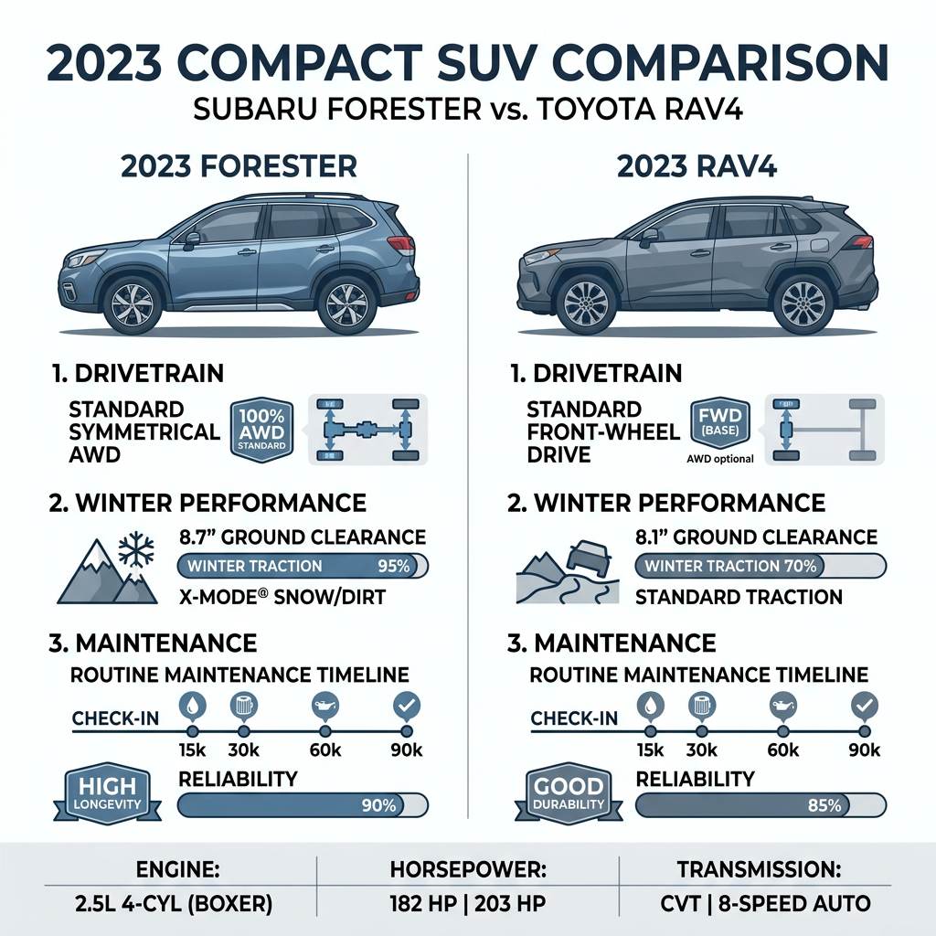 Infographic comparing key specifications of the 2023 Subaru Forester and 2023 Toyota RAV4 compact SUVs. (Representative image for illustration purposes only. Actual vehicle may vary based on trim and configuration.)