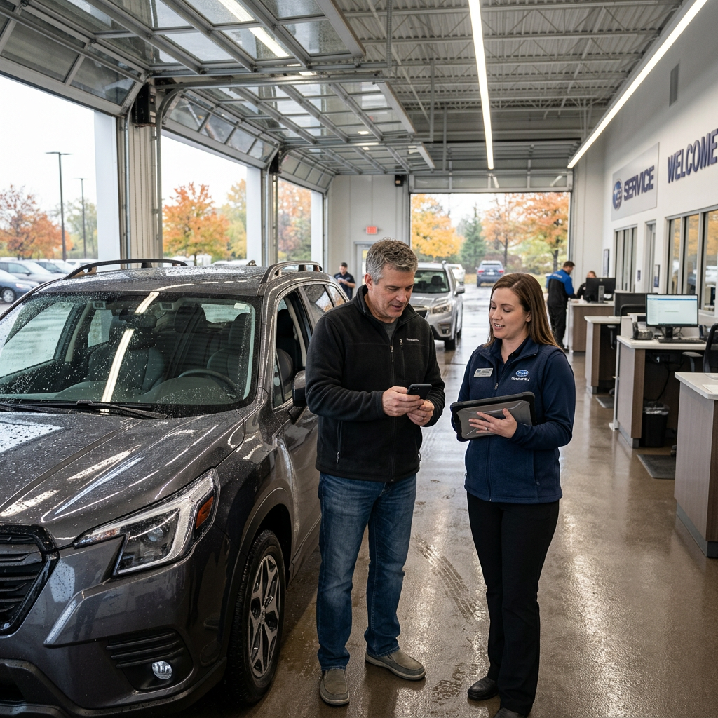 A service advisor with a tablet assists a customer holding a smartphone next to a grey SUV in a dealership garage. (Representative image for illustration purposes only. Actual vehicle may vary based on trim and configuration.)