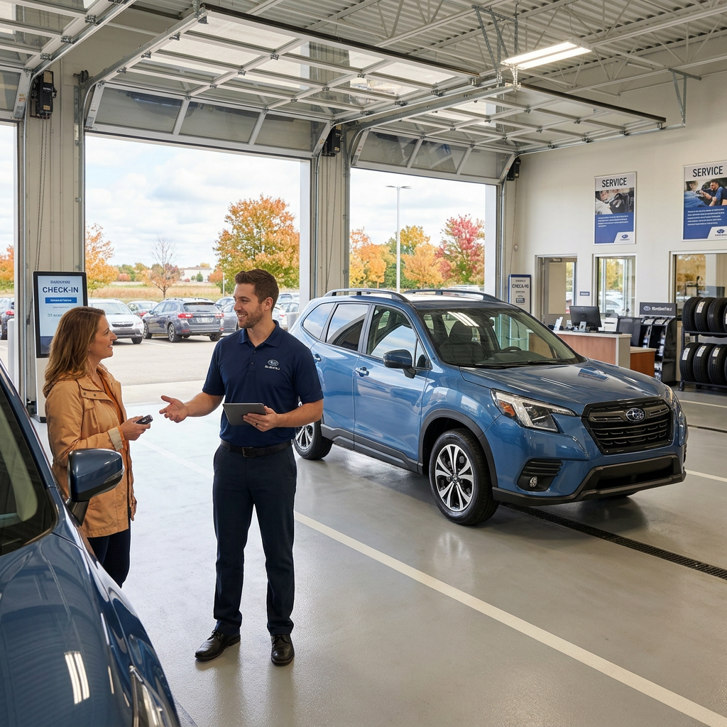 A Subaru service advisor holding a tablet greets a female customer next to a blue SUV inside a service bay. (Representative image for illustration purposes only. Actual vehicle may vary based on trim and configuration.)