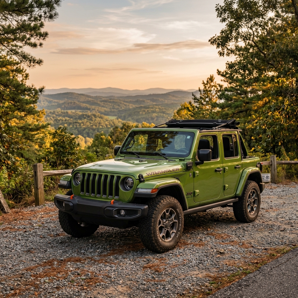 Green Jeep Wrangler parked on a gravel mountain overlook at sunset with rolling hills in the background. (Representative image for illustration purposes only. Actual vehicle may vary based on trim and configuration.)