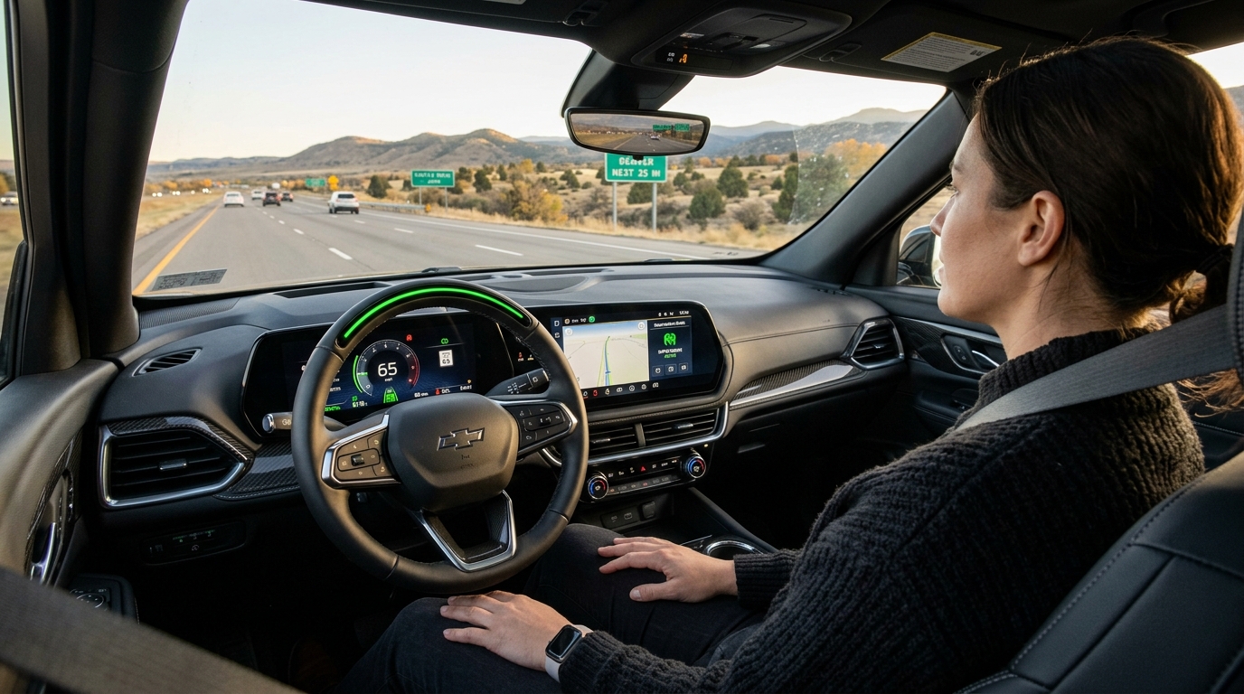 A driver resting her hands on her lap while a Chevrolet vehicle operates in hands-free mode on a highway. (Representative image for illustration purposes only. Actual vehicle may vary based on trim and configuration.)