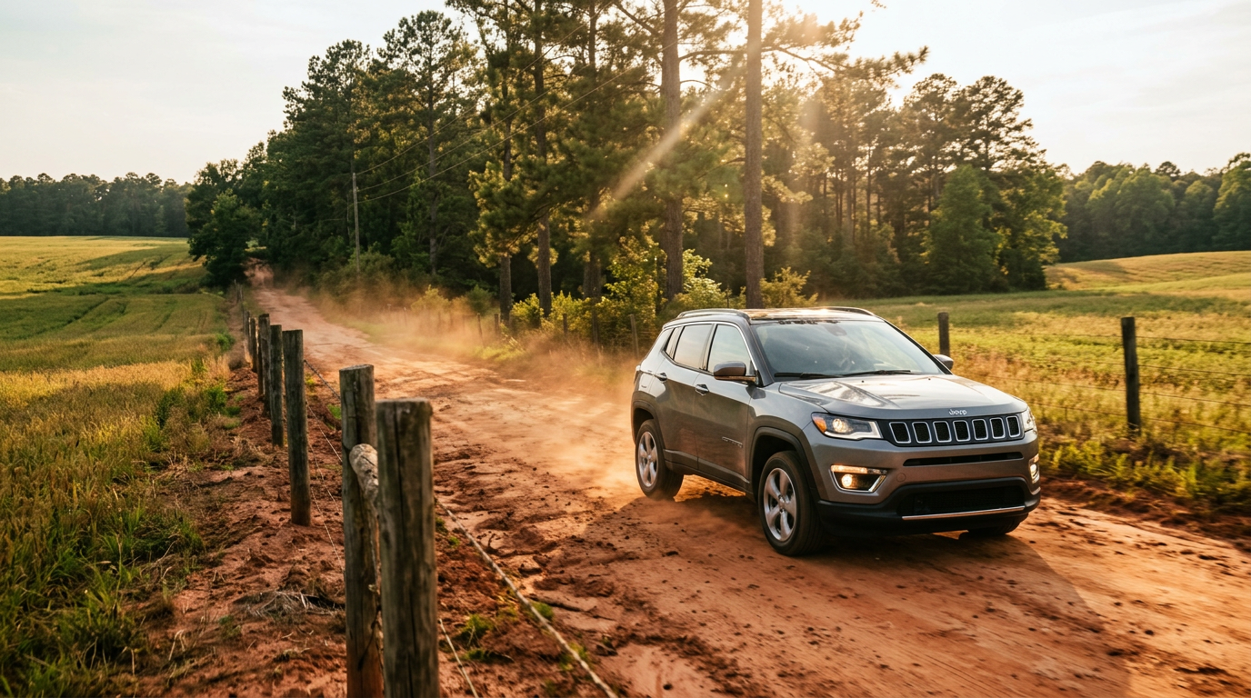 A silver Jeep SUV driving down a dusty red dirt road through scenic countryside at golden hour. (Representative image for illustration purposes only. Actual vehicle may vary based on trim and configuration.)