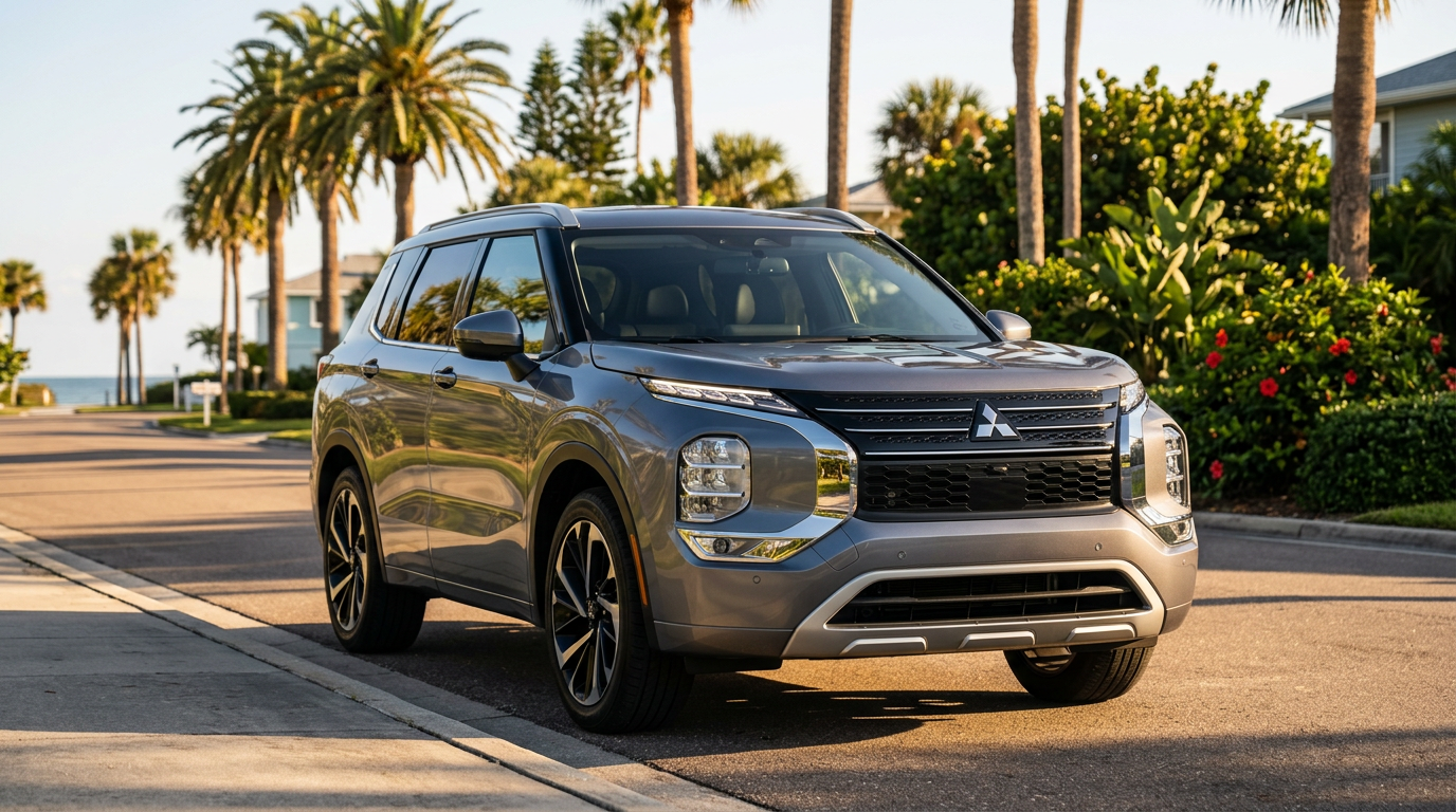 Grey Mitsubishi Outlander SUV parked on a sunny tropical residential street lined with palm trees. (Representative image for illustration purposes only. Actual vehicle may vary based on trim and configuration.)