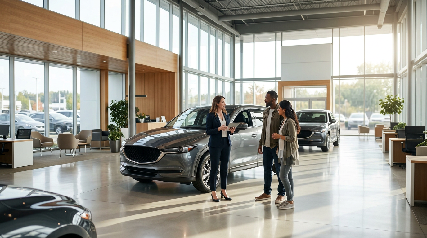 A car saleswoman holding a tablet speaks with a couple next to a new SUV inside a bright modern dealership showroom. (Representative image for illustration purposes only. Actual vehicle may vary based on trim and configuration.)