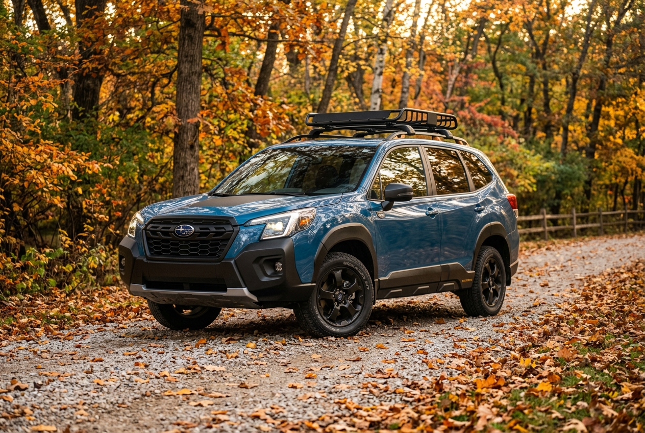 A blue Subaru Forester Wilderness SUV parked on a leaf-covered gravel road in an autumn forest. (Representative image for illustration purposes only. Actual vehicle may vary based on trim and configuration.)