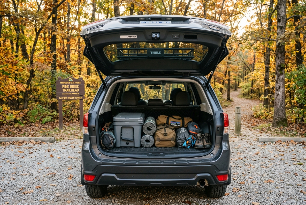 Open SUV trunk filled with camping gear parked in front of a forest trailhead sign during autumn. (Representative image for illustration purposes only. Actual vehicle may vary based on trim and configuration.)
