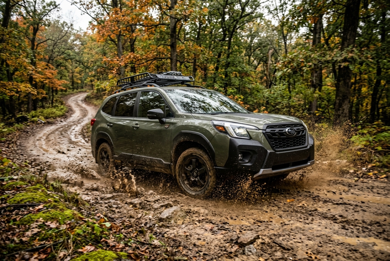 Green Subaru Forester Wilderness driving through a muddy forest trail, splashing mud. (Representative image for illustration purposes only. Actual vehicle may vary based on trim and configuration.)