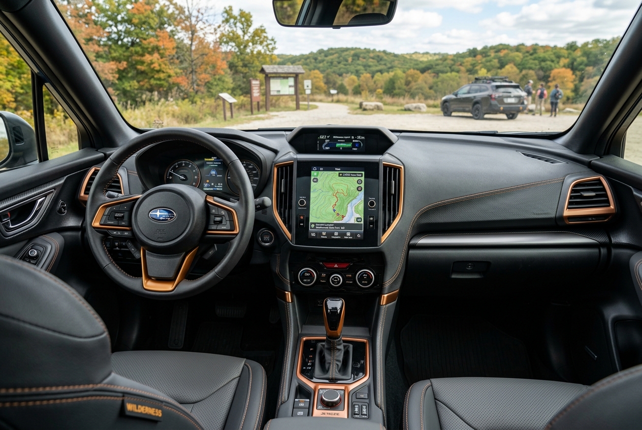 Dashboard and steering wheel inside a Subaru Forester Wilderness with copper trim, looking out at a scenic park. (Representative image for illustration purposes only. Actual vehicle may vary based on trim and configuration.)